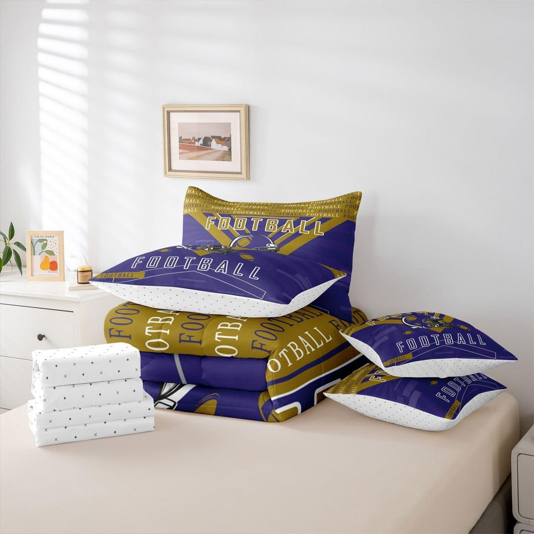 Folded football comforter and pillow covers
