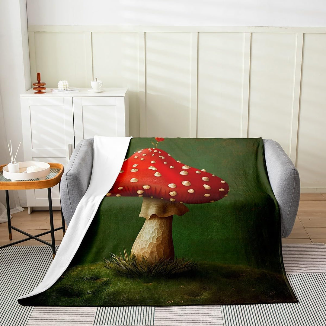 Mushroom throw blanket draped on couch