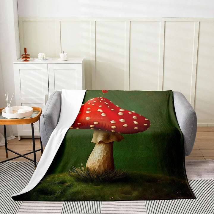Mushroom throw blanket draped on couch
