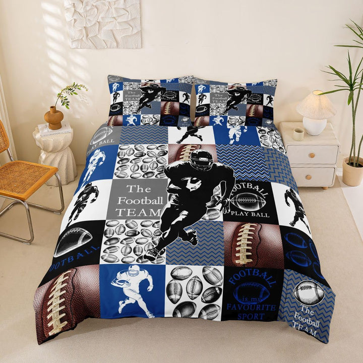 Black and blue football full duvet cover set on a bed