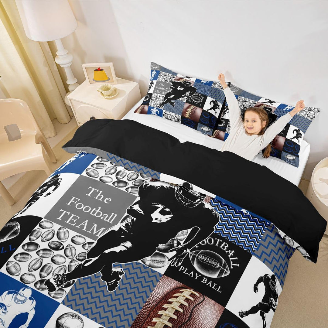 Close view of the black and blue football bedding pattern