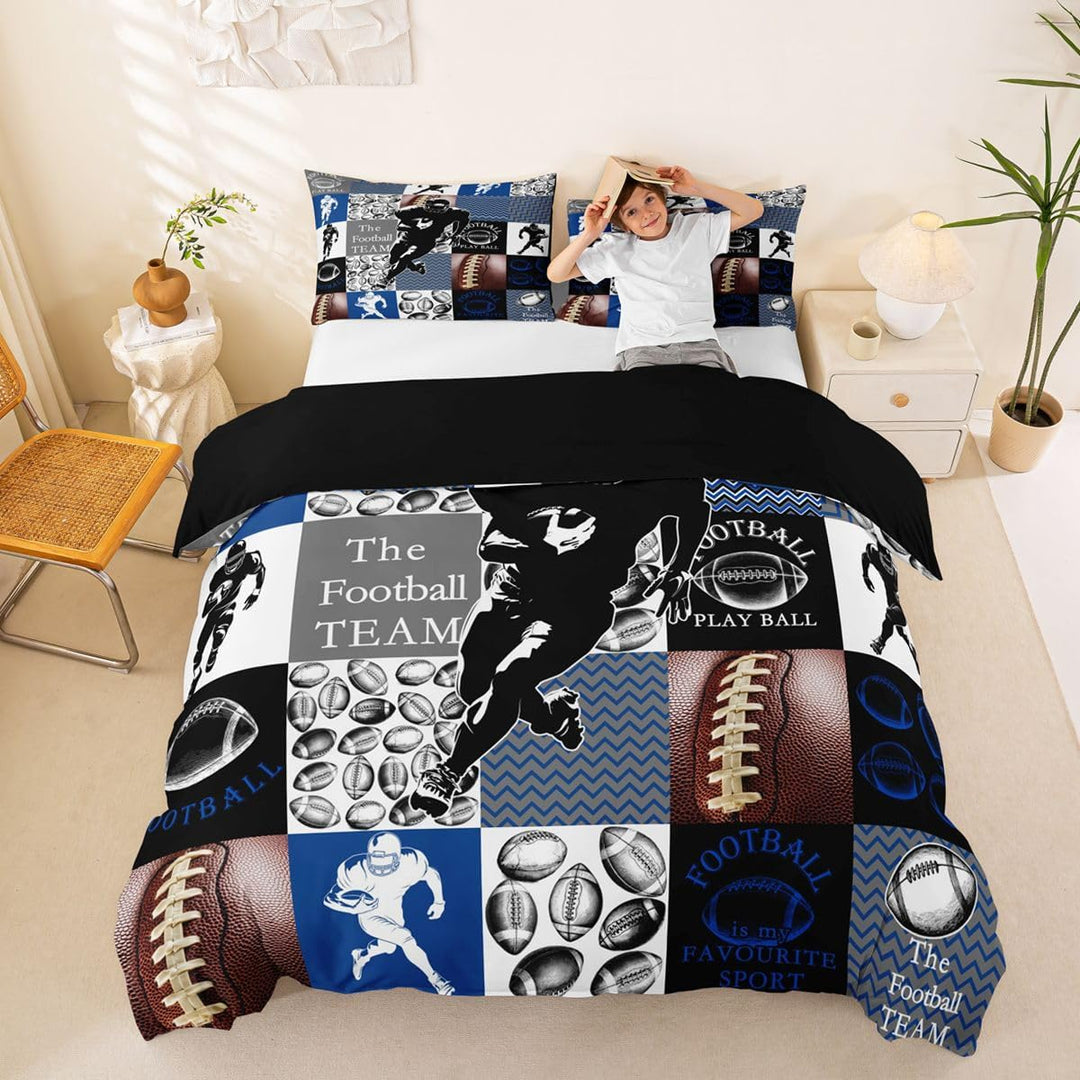 Front view of the full-size football duvet cover set