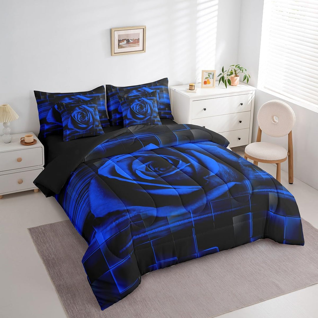 Angled view of blue rose full bedding