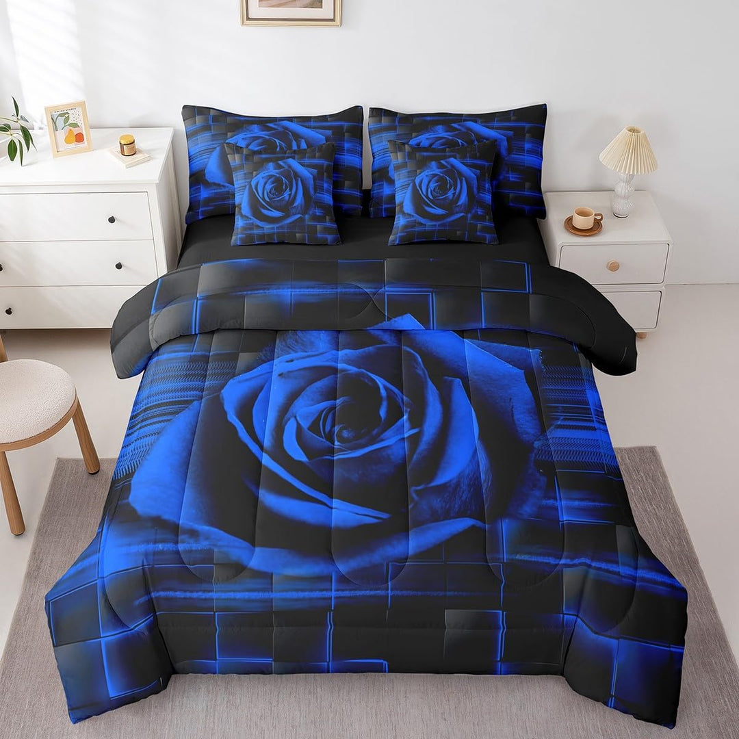 Front view of blue rose comforter and pillows