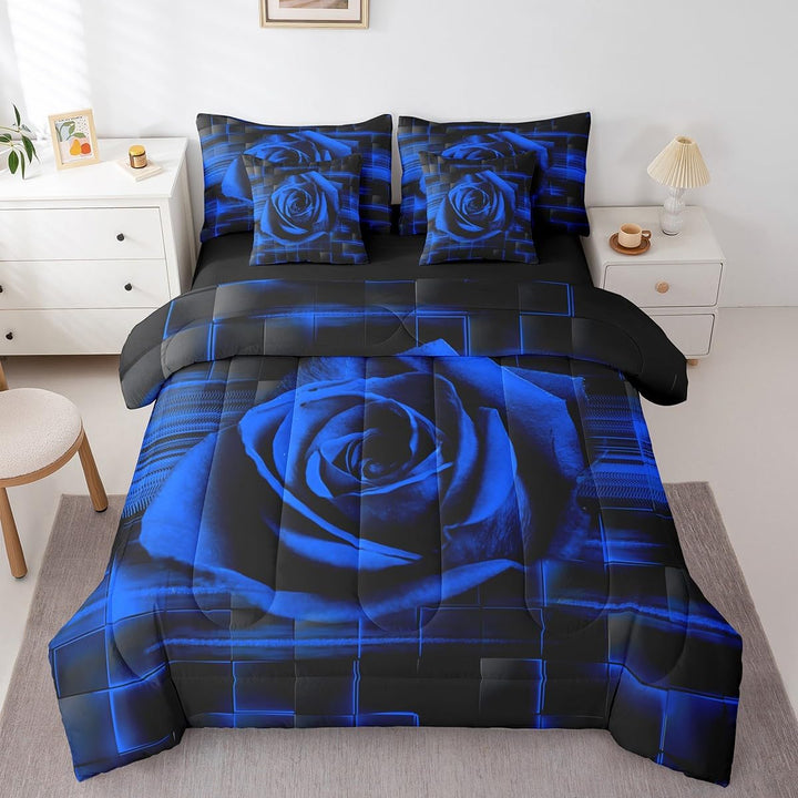 Front view of blue rose comforter and pillows