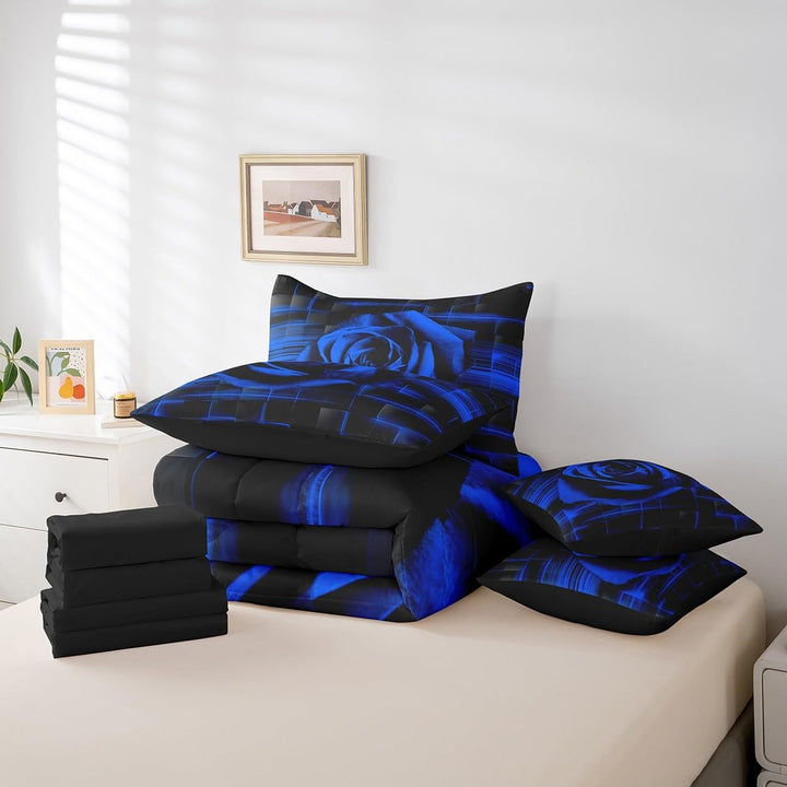Seven-piece blue rose full bedding set with black sheets