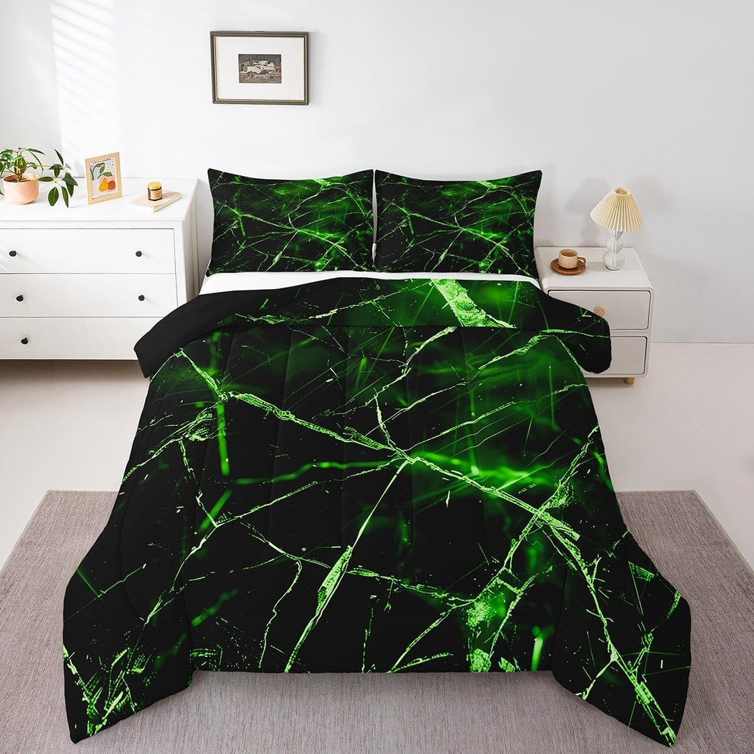 Front view of green crack-pattern comforter and pillows