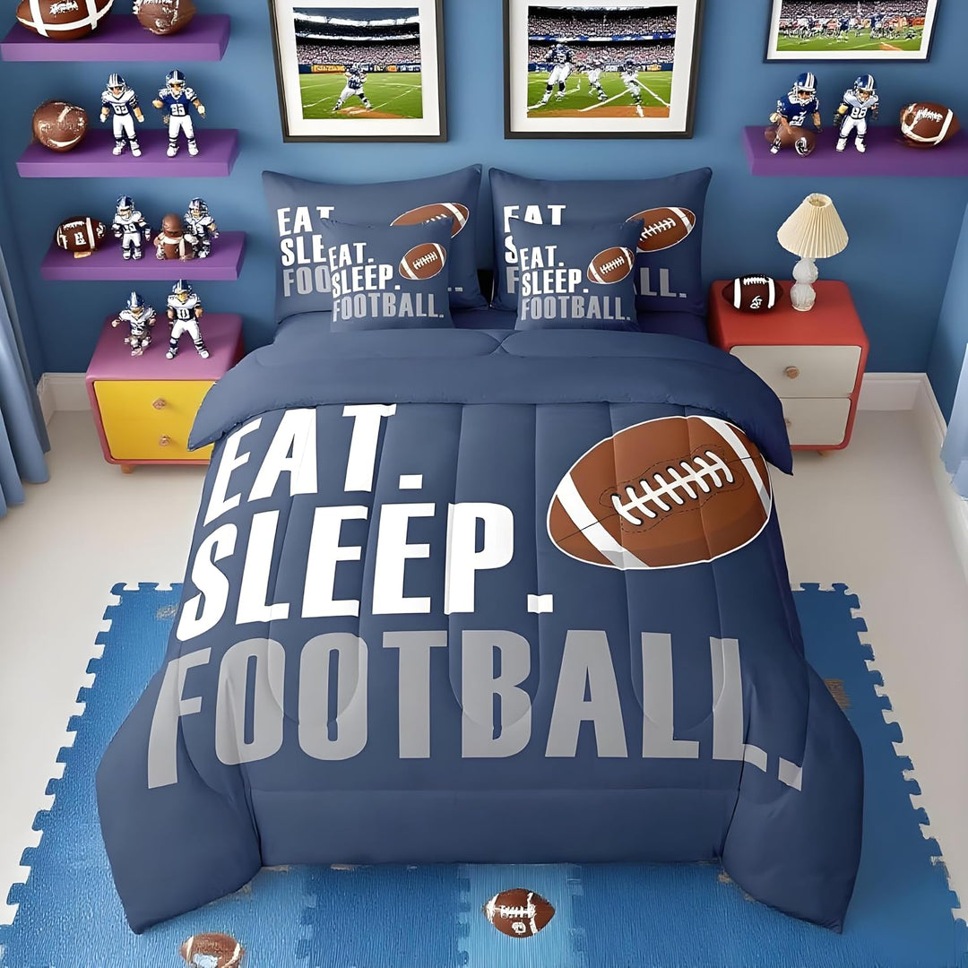 Navy blue football queen comforter set on a bed