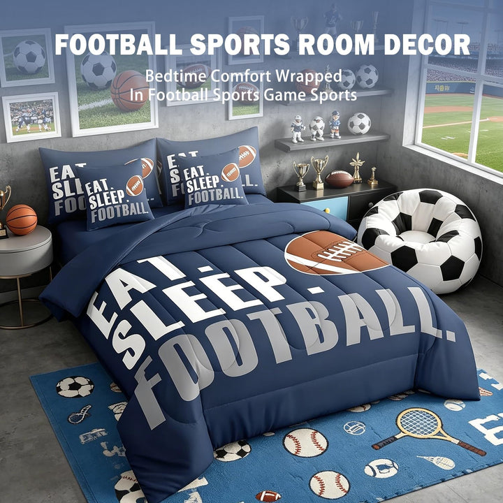 Football comforter in a staged sports bedroom
