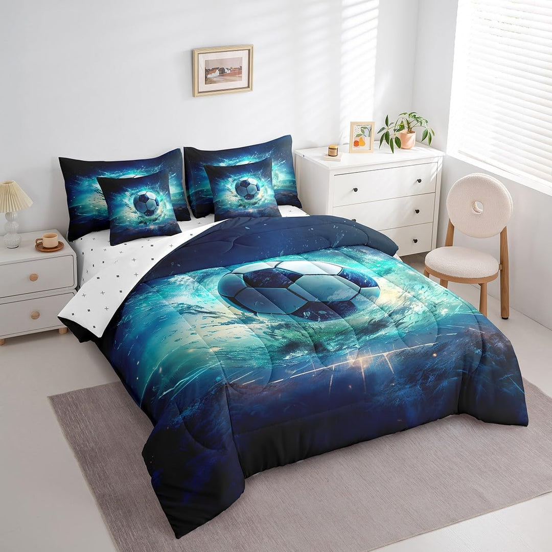 Angled view of soccer bedding and matching pillows