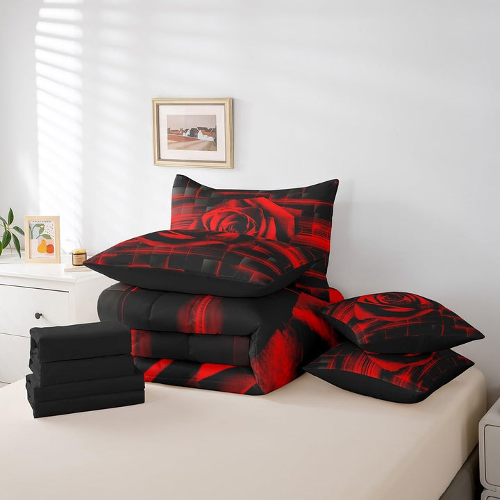 Seven-piece red rose bedding components