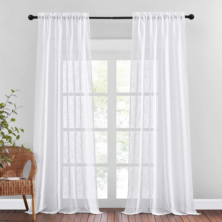 White linen-look sheer curtain pair