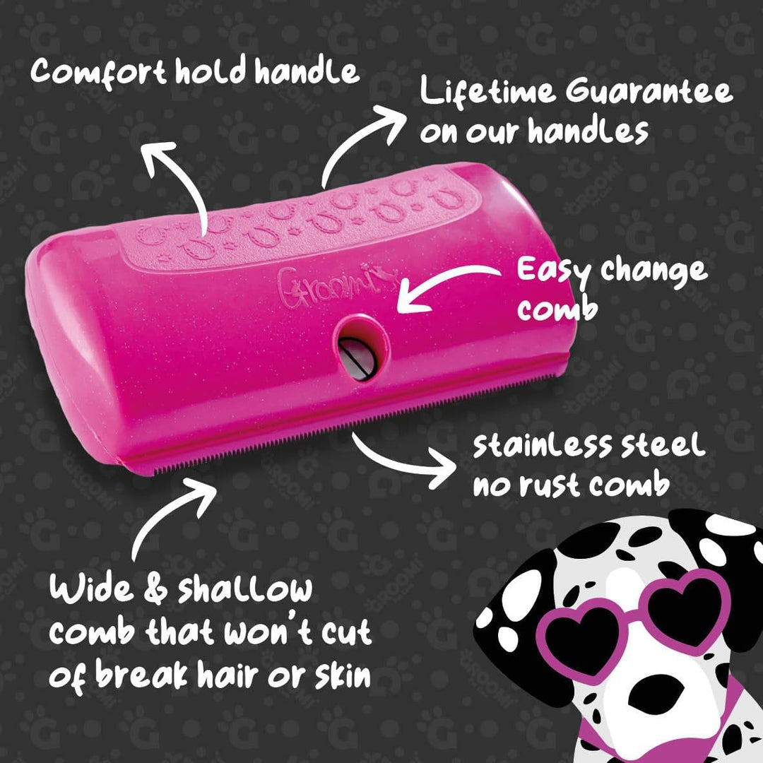 Pink handle and replaceable stainless-steel comb detail