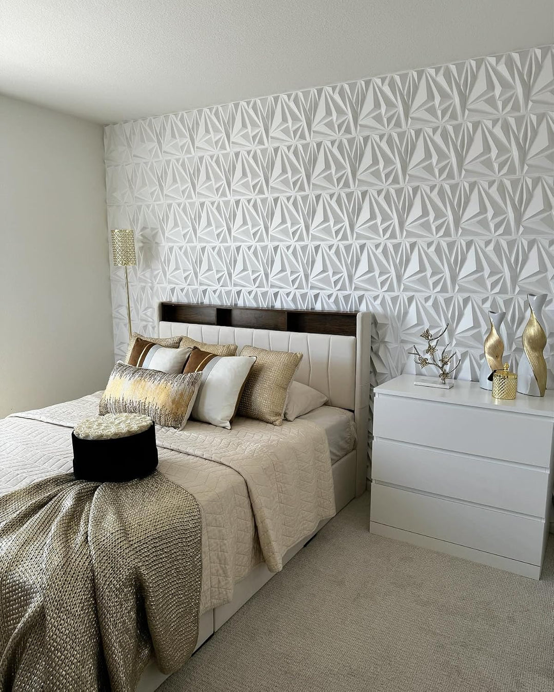 33-piece white diamond 3D wall panel set, installed room view