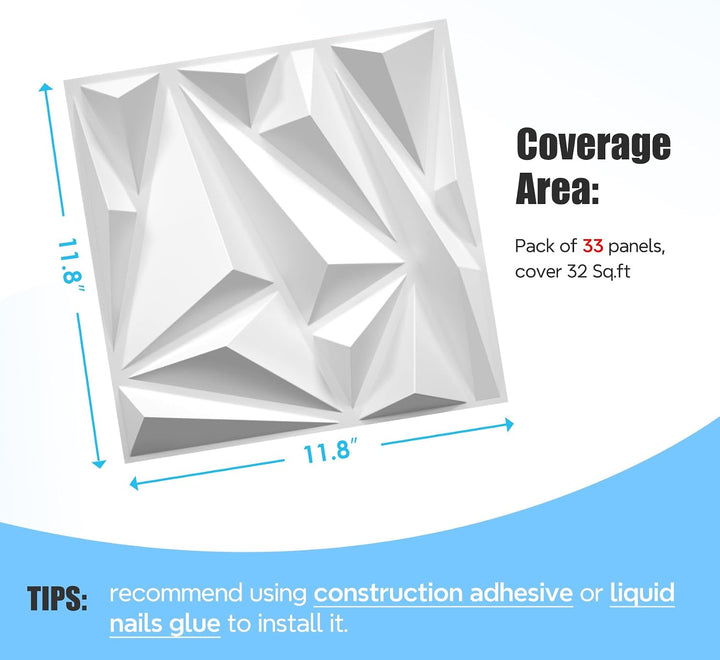 33-piece white diamond 3D wall panel set, panel details