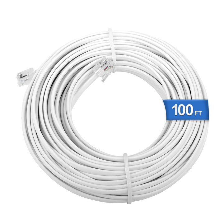 White 100-foot RJ11 6P4C phone extension cable, image 1