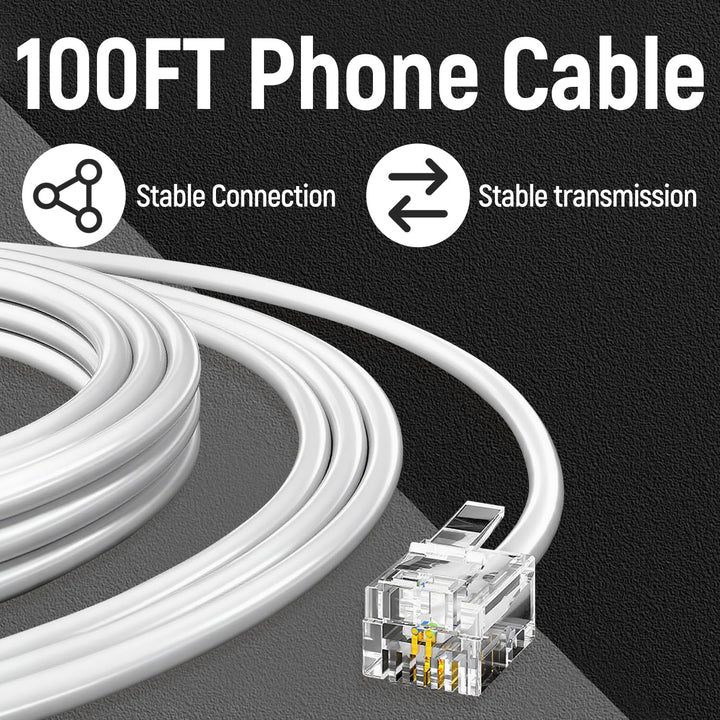 White 100-foot RJ11 6P4C phone extension cable, image 2