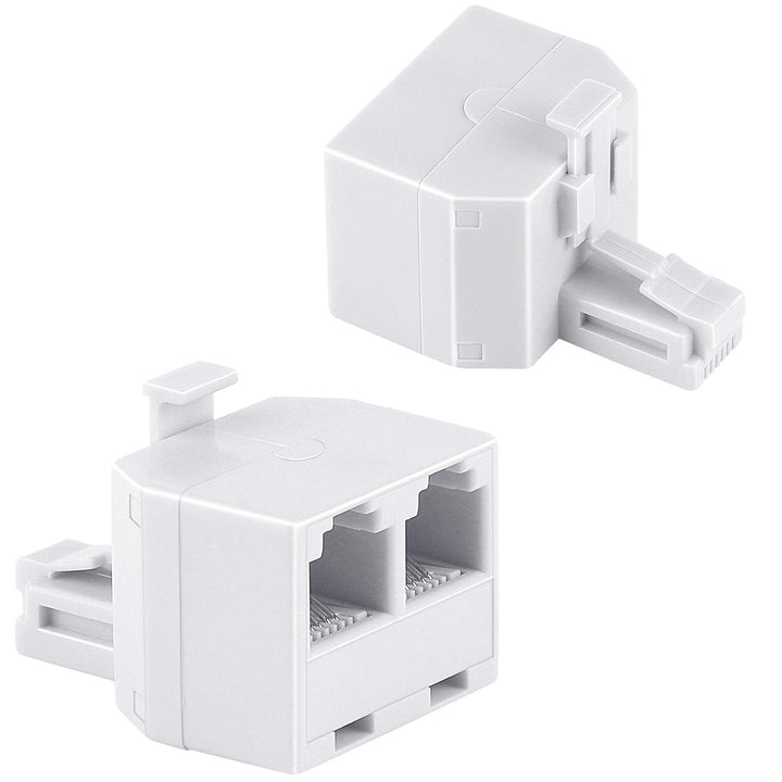 Two-pack white RJ11 6P4C duplex phone jack splitter, image 1