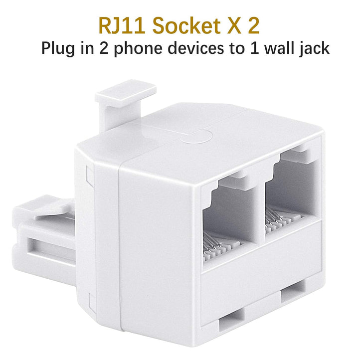 Two-pack white RJ11 6P4C duplex phone jack splitter, image 2