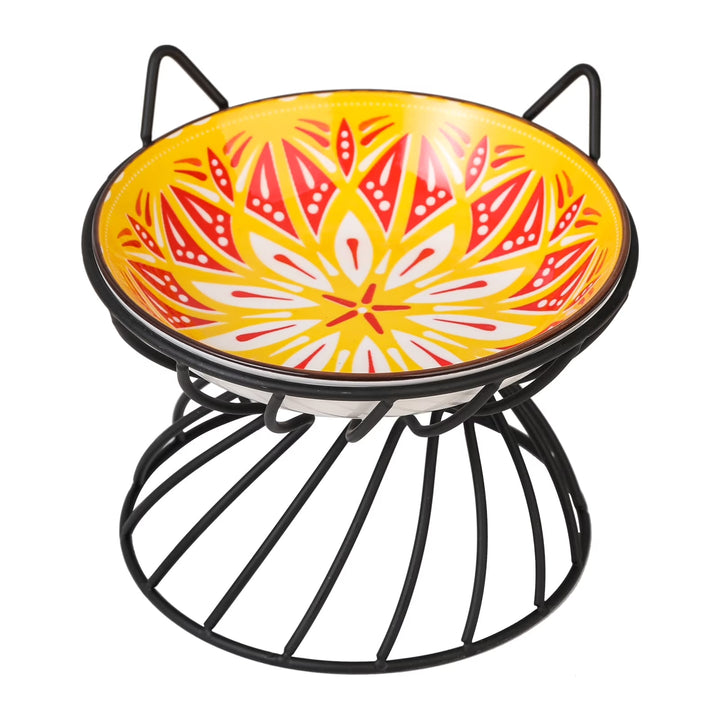 Raised Ceramic Cat Food Bowl - Elevated Cat Dish with Anti Slip Metal Stand - Wide Shallow Cat Bowl Whisker Friendly - Small Cat Plate - Cute Cat Feeding Bowls - Microwave and Dishwasher Safe - 8 oz