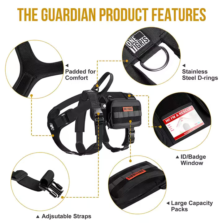 Service Dog Vest Harness, Service Dog Cape Guardian Dog Molle Backpack with Pouches for Medium and Large Dogs (M, Black)