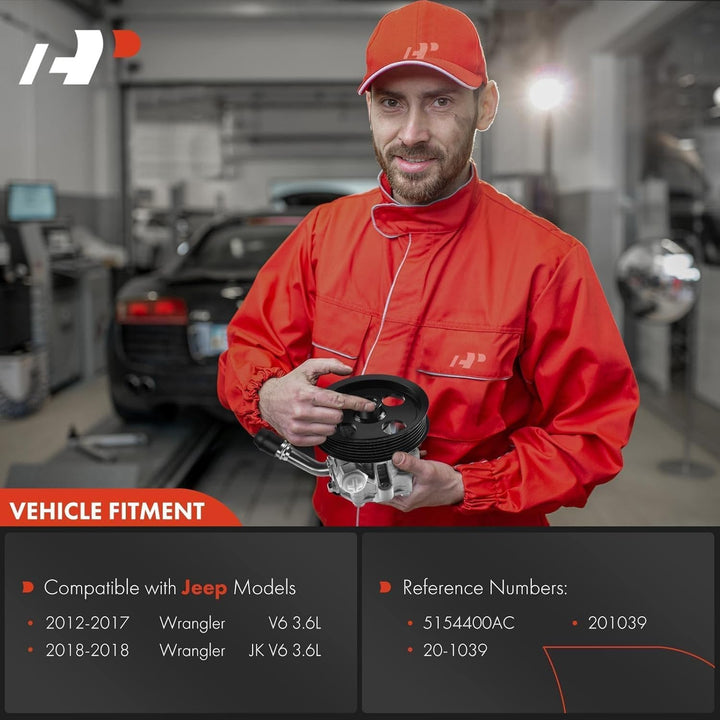 A - Premium Power Steering Pump, with Pulley, Compatible with Jeep Wrangler 2012 - 2017, Wrangler JK 2018, 3.6L Gas, Replace  5154400AC, N9901310 - Just Closeouts Canada Inc.