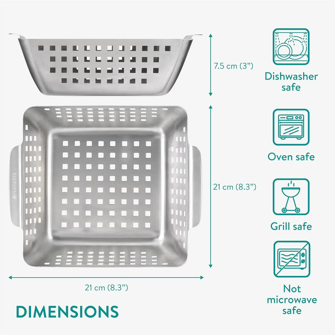 Navaris Stainless Steel BBQ Grill Basket - 8.3"x8.3" (21x21cm) BBQ Grill Pan w Heavy-Duty Design & Perfect Heat Distribution for Best Results - Easy to Use & Clean for Any Griller