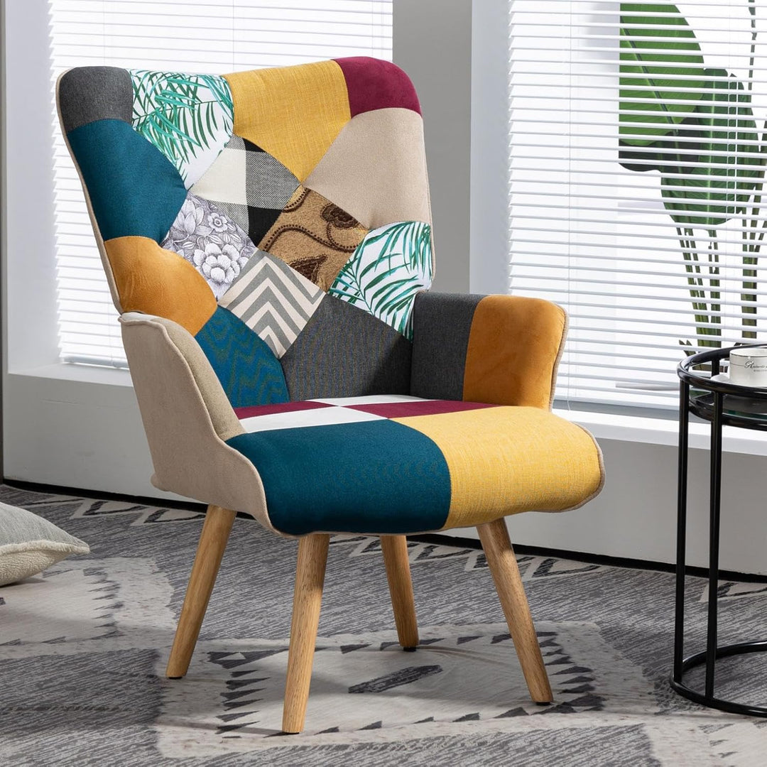 Accent Plaid Chairs for Living Room, Upholstered Cozy Comfy Mid Century Arm Chair with High Back, Adults Boho Patchwork Armchair for Small Spaces, Bedroom, Colorful - Just Closeouts Canada Inc.