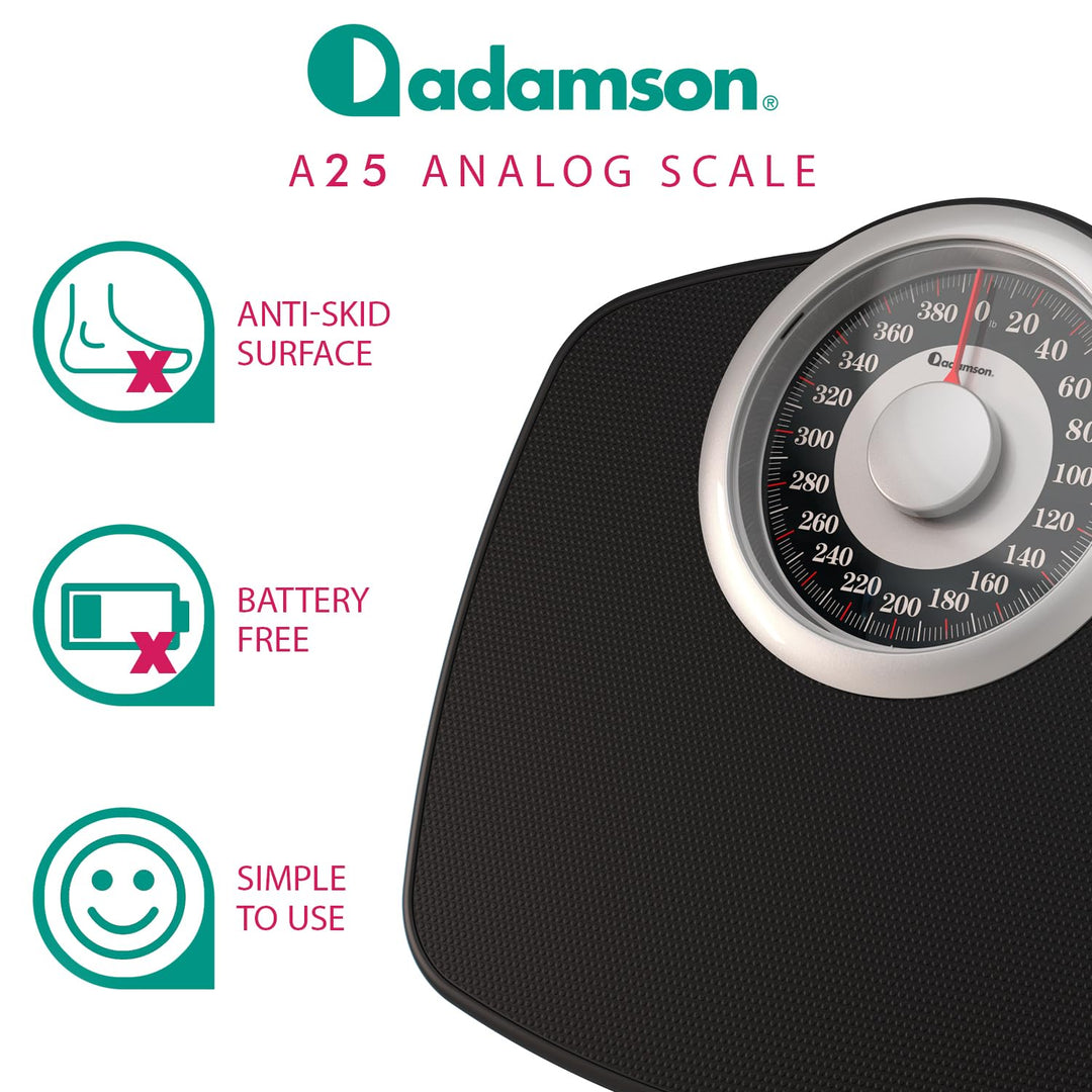 Adamson A25 Scales for Body Weight - Up to 400 LB - New Version - 5.3" Dial on 12.4" x 12" Platform - Anti - Skid Rubber Surface - High Precision Bathroom Scale Analog - Durable with 20 - Year Assurance - Just Closeouts Canada Inc.