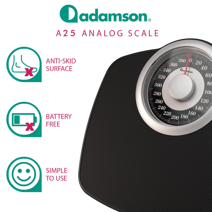 Adamson A25 Scales for Body Weight - Up to 400 LB - New Version - 5.3" Dial on 12.4" x 12" Platform - Anti - Skid Rubber Surface - High Precision Bathroom Scale Analog - Durable with 20 - Year Assurance - Just Closeouts Canada Inc.