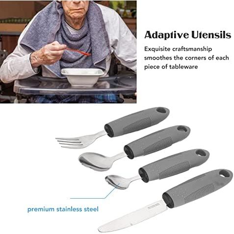 Adaptive Utensils, 4 Piece Wide and Weighted Utensils Kitchen Set, Non Slip Handles for Arthritis, Hand Tremors, Parkinson, Adaptive Eating Flatware, Knife, Fork, 2 Spoons - Just Closeouts Canada Inc.X003S42KPJ