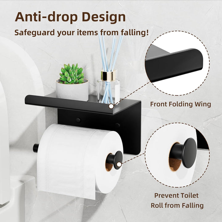 Adhesive Toilet Paper Holder - Wall - Mounted Toilet Paper Roll Holder with Phone Shelf, Rustproof No Nail Toilet Roll Holder with Shelf, Toilet Tissue Holder, Black - Just Closeouts Canada Inc.X003SZ9W31