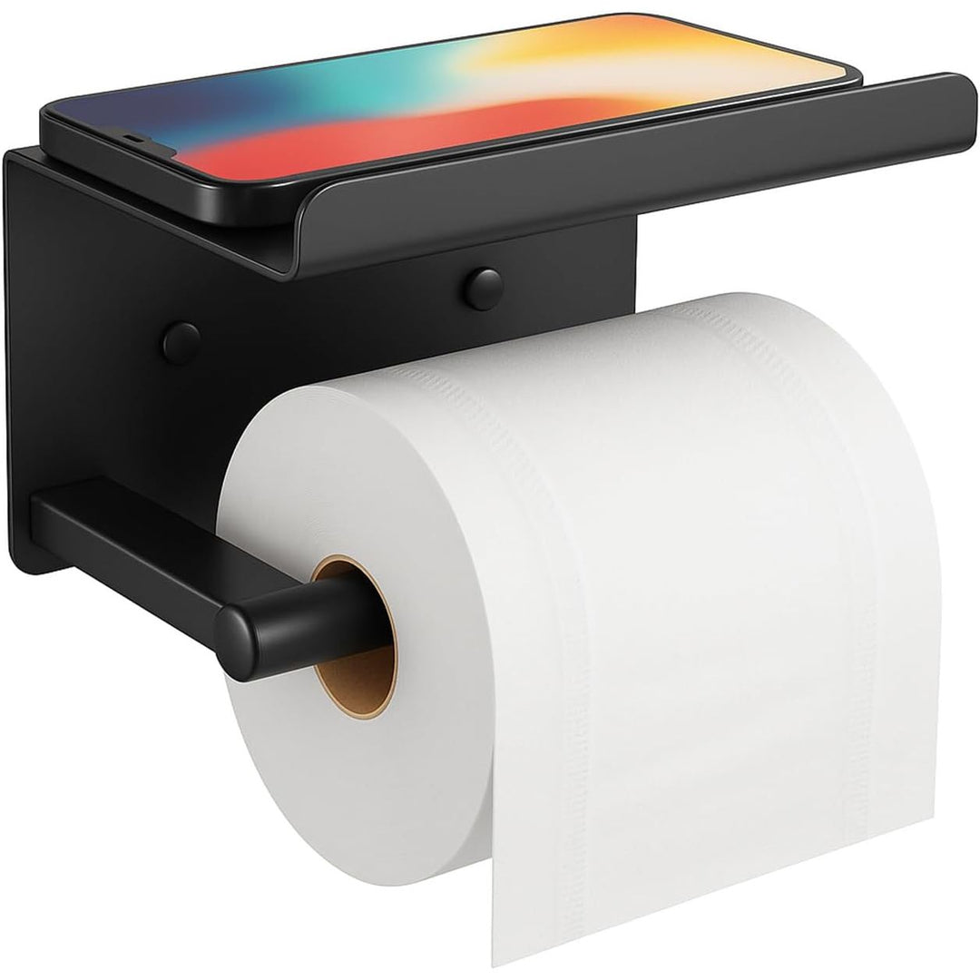 Adhesive Toilet Paper Holder - Wall - Mounted Toilet Paper Roll Holder with Phone Shelf, Rustproof No Nail Toilet Roll Holder with Shelf, Toilet Tissue Holder, Black - Just Closeouts Canada Inc.X003SZ9W31