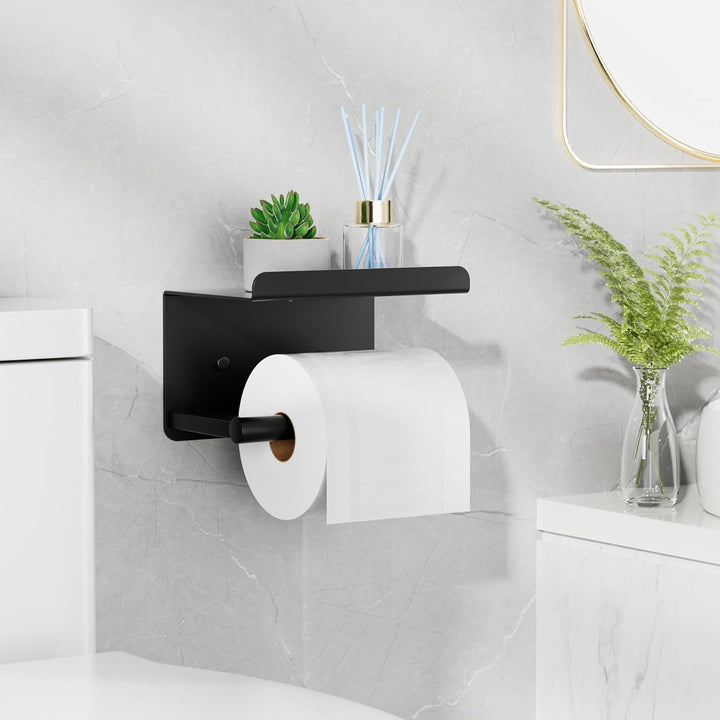 Adhesive Toilet Paper Holder - Wall - Mounted Toilet Paper Roll Holder with Phone Shelf, Rustproof No Nail Toilet Roll Holder with Shelf, Toilet Tissue Holder, Black - Just Closeouts Canada Inc.X003SZ9W31
