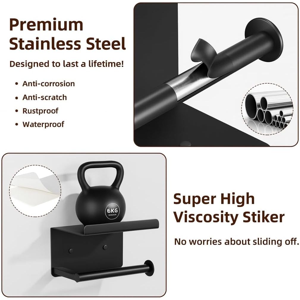 Adhesive Toilet Paper Holder - Wall - Mounted Toilet Paper Roll Holder with Phone Shelf, Rustproof No Nail Toilet Roll Holder with Shelf, Toilet Tissue Holder, Black - Just Closeouts Canada Inc.X003SZ9W31
