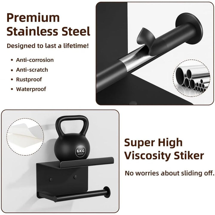 Adhesive Toilet Paper Holder - Wall - Mounted Toilet Paper Roll Holder with Phone Shelf, Rustproof No Nail Toilet Roll Holder with Shelf, Toilet Tissue Holder, Black - Just Closeouts Canada Inc.X003SZ9W31