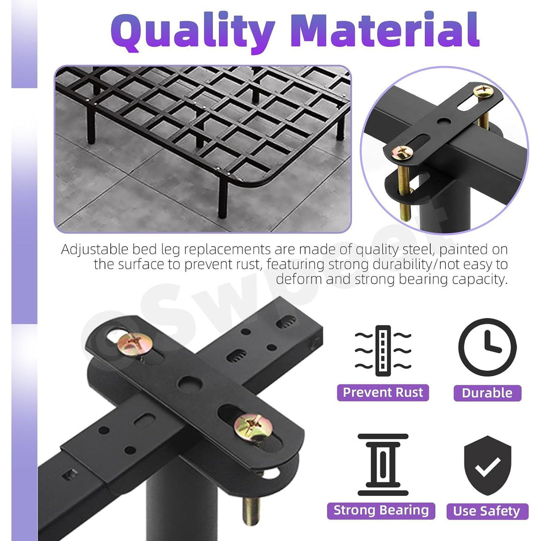 Close-up of black steel support legs and mounting plate