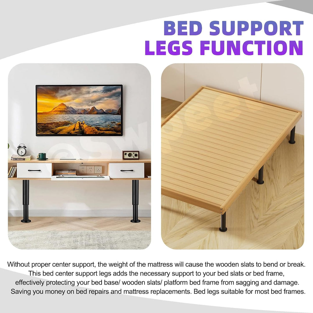 Bed frame center support leg shown installed under a bed