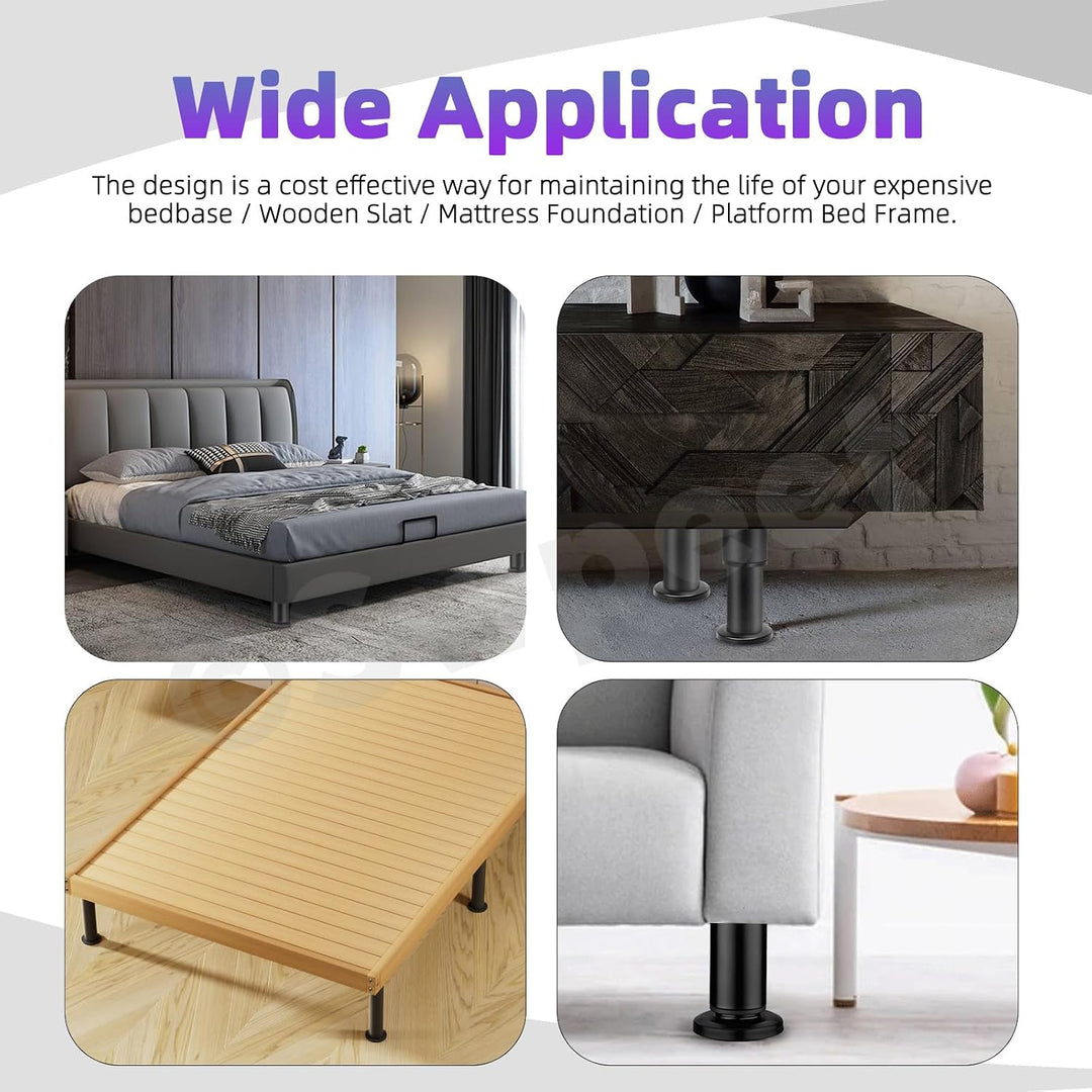 Adjustable bed frame support legs shown in furniture use