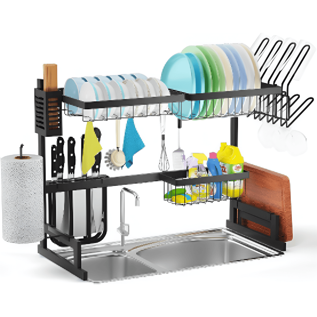 Adjustable Length (25.6 - 31.5in) Over Sink Dish Drying Rack, 2 Tier Stainless Steel Dish Drainer with Utensil Holder, Large Dish Rack for Storage Kitchen Counter - Just Closeouts Canada Inc.X00440XRSF