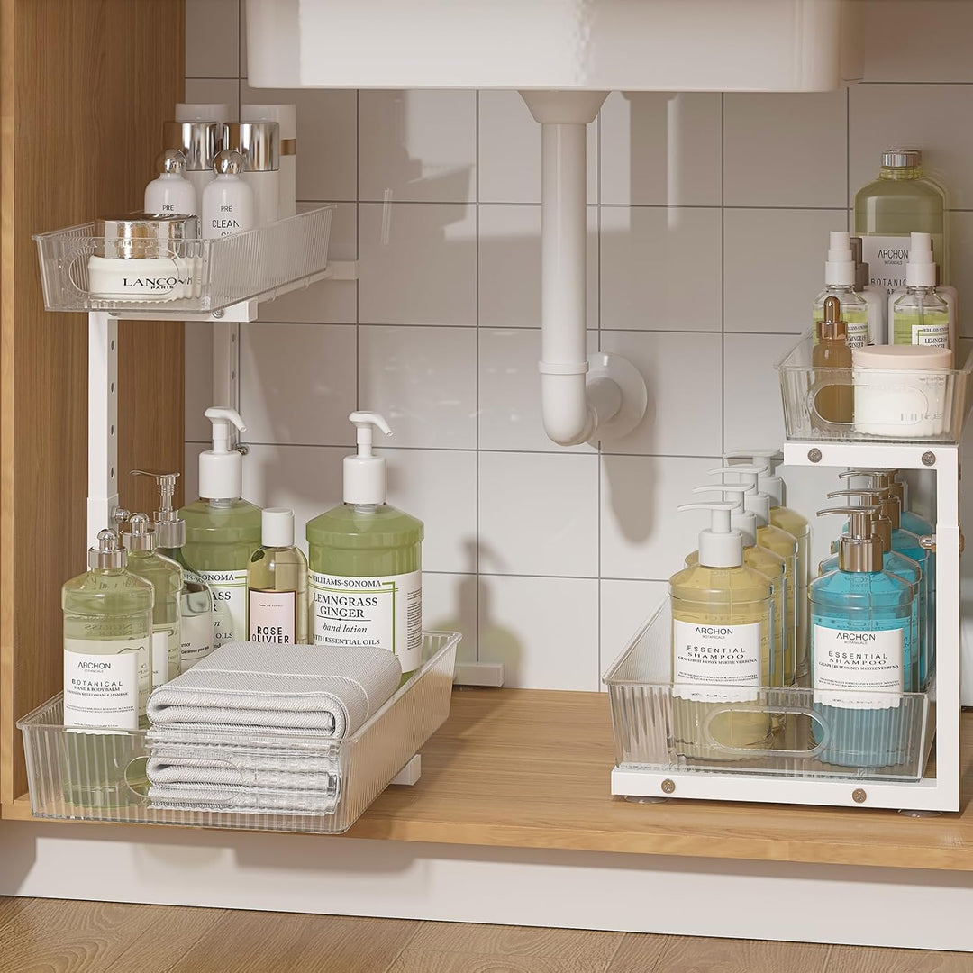 ADRIMER Under Sink Organizer 2 Packs, Pull Out Kitchen Sink Organizer Height Adjustable, 2 Tier Slide Out Kitchen Organizers and Storage Metal Cabinet Storage Shelf, Transparent & White - Just Closeouts Canada Inc.