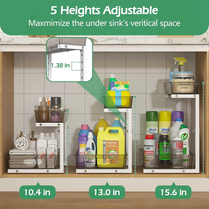ADRIMER Under Sink Organizer 2 Packs, Pull Out Kitchen Sink Organizer Height Adjustable, 2 Tier Slide Out Kitchen Organizers and Storage Metal Cabinet Storage Shelf, Transparent & White - Just Closeouts Canada Inc.