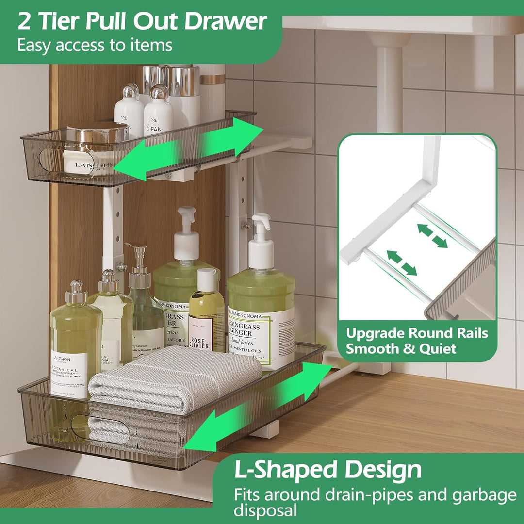 ADRIMER Under Sink Organizer 2 Packs, Pull Out Kitchen Sink Organizer Height Adjustable, 2 Tier Slide Out Kitchen Organizers and Storage Metal Cabinet Storage Shelf, Grey & White - Just Closeouts Canada Inc.