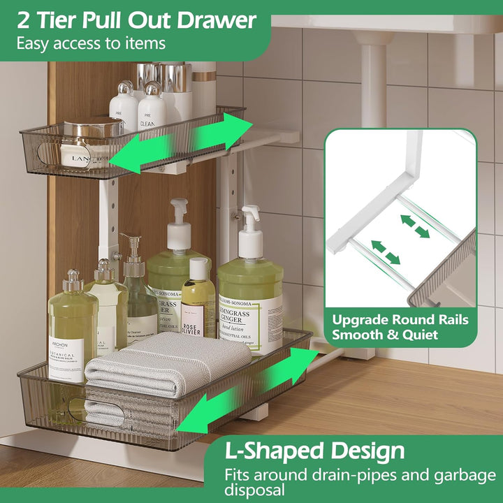 ADRIMER Under Sink Organizer 2 Packs, Pull Out Kitchen Sink Organizer Height Adjustable, 2 Tier Slide Out Kitchen Organizers and Storage Metal Cabinet Storage Shelf, Grey & White - Just Closeouts Canada Inc.