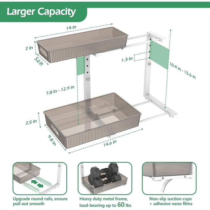 ADRIMER Under Sink Organizer 2 Packs, Pull Out Kitchen Sink Organizer Height Adjustable, 2 Tier Slide Out Kitchen Organizers and Storage Metal Cabinet Storage Shelf, Transparent & White - Just Closeouts Canada Inc.