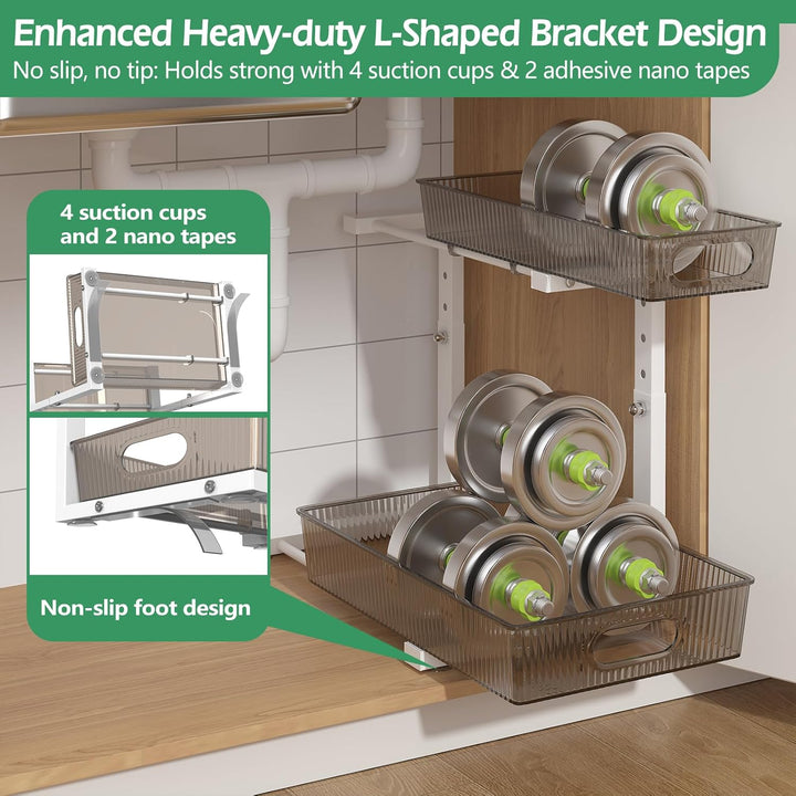 ADRIMER Under Sink Organizer 2 Packs, Pull Out Kitchen Sink Organizer Height Adjustable, 2 Tier Slide Out Kitchen Organizers and Storage Metal Cabinet Storage Shelf, Transparent & White - Just Closeouts Canada Inc.