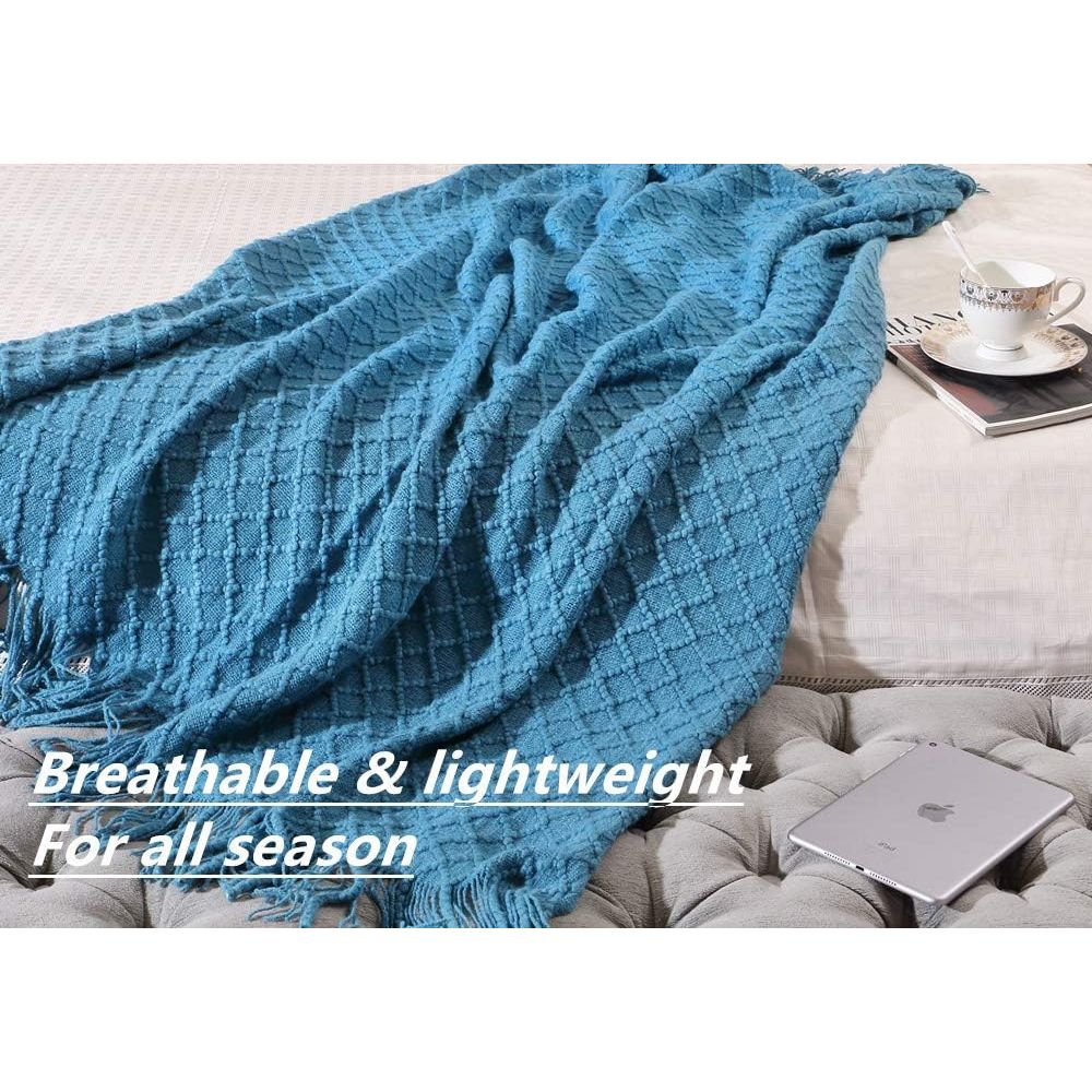 Afghan Cuddle Throw Blanket with Fringes for Couch Sofa Chair Bed, Soft Warm Cozy Light Weight Fluffy and Plush (127cmX152cm Turquoise) - Just Closeouts Canada Inc.