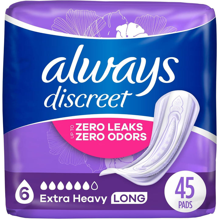 Always Discreet Adult Incontinence Pads for Women, Extra Heavy Absorbency, Long Length, Postpartum Pads, 45CT - Just Closeouts Canada Inc.