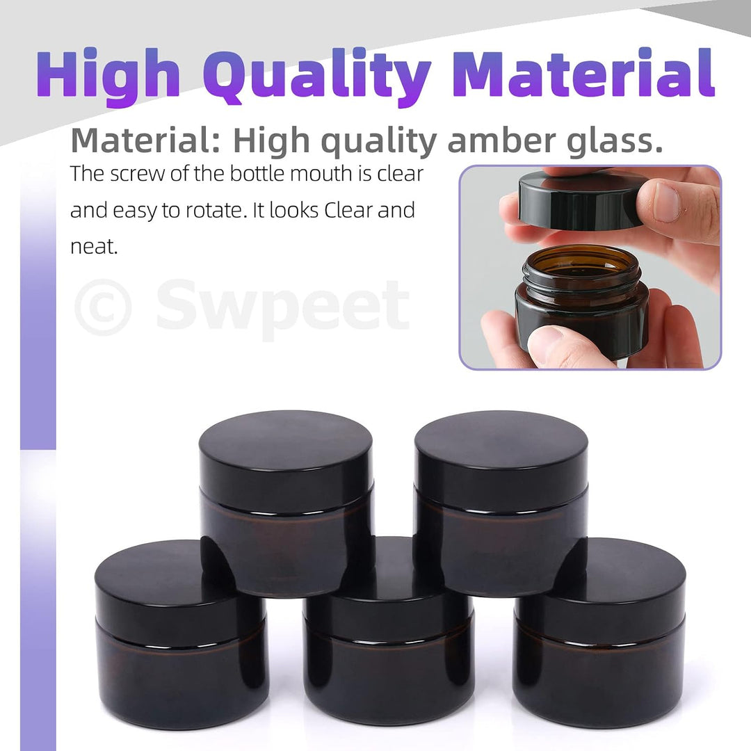 Amber glass jars and black screw lids close-up