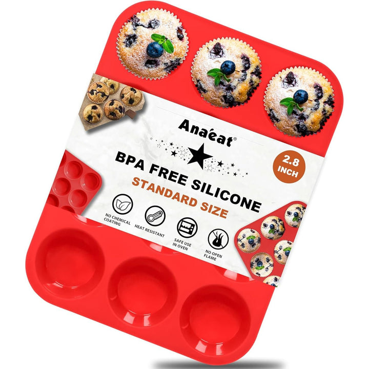 Anaeat Silicone Muffin Pan - Regular 12 Cups Cupcake Tray, Non - Stick Silicone Baking Molds for Making Muffin Cakes, Cupcake, Chocolate, Bread,Tart and Desserts, Just Pop Out - Just Closeouts Canada Inc.